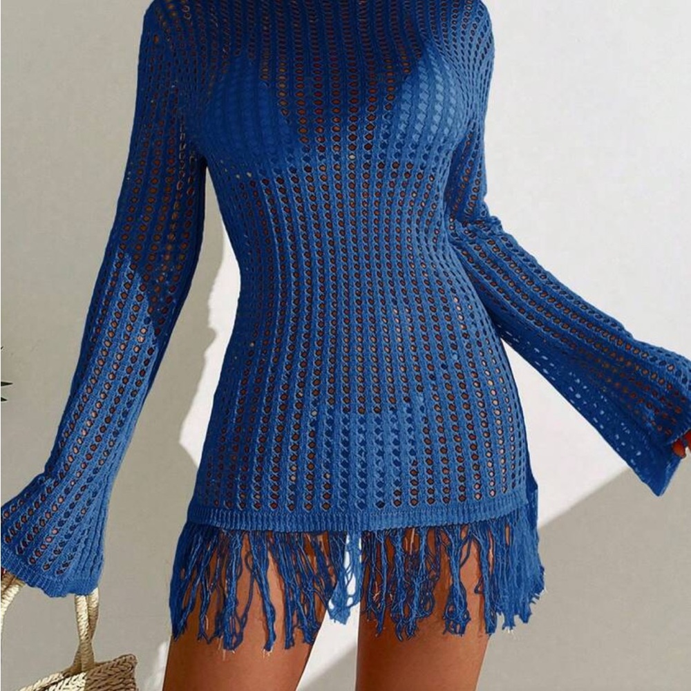 Blue Crochet Fringe Dress Coverup